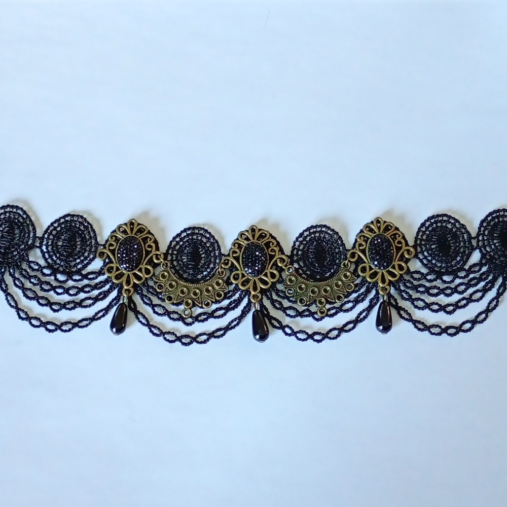 Elegant Black Lace Choker with Gold Accents